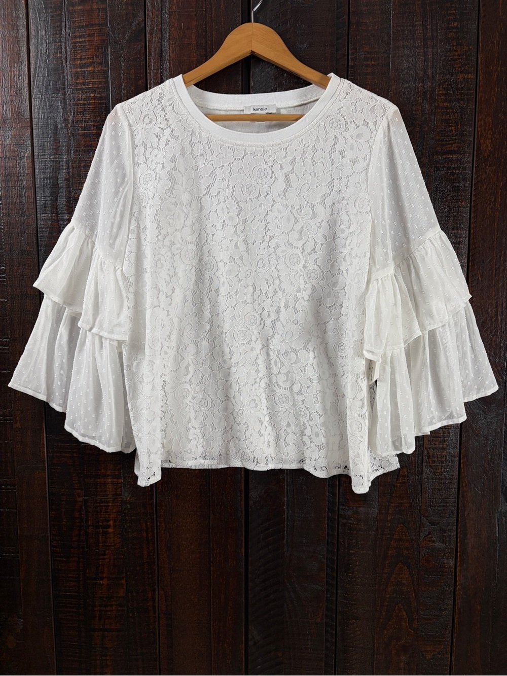 Kensie Romantic Boho White Lace Top Ruffled Sleeves Size Large - Picture 2 of 11